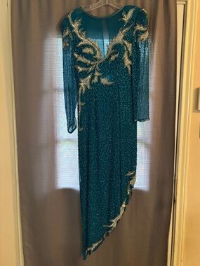 Teal Long-Sleeve Beaded Evening Gown with Gold Detail